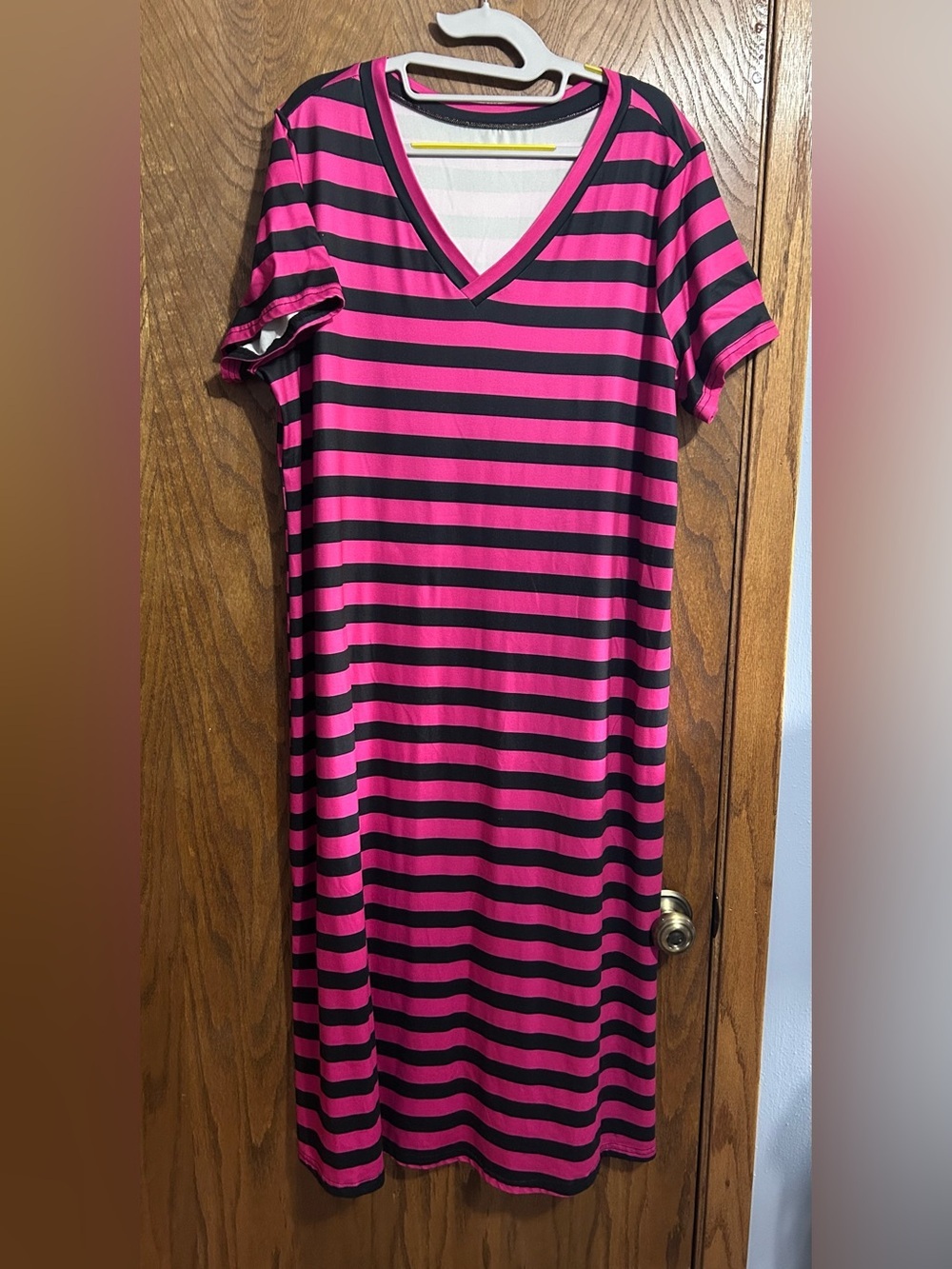 SHEIN 1X Pink and Black Striped V-Neck T-Shirt Dress - Picture 2 of 6